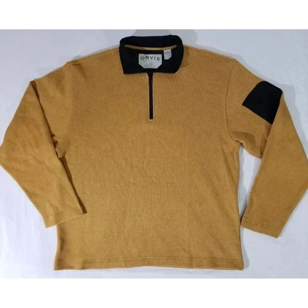 Orvis Sweater Jacket Mens Large Tan 1/4 Zip Soft 100% Cotton Knit Arm Pocket